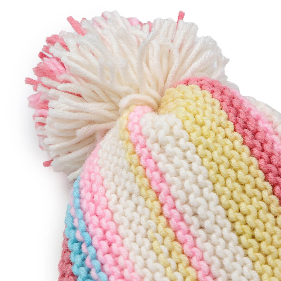 Vertical Striped Knitted Cap With Pompom - 10011