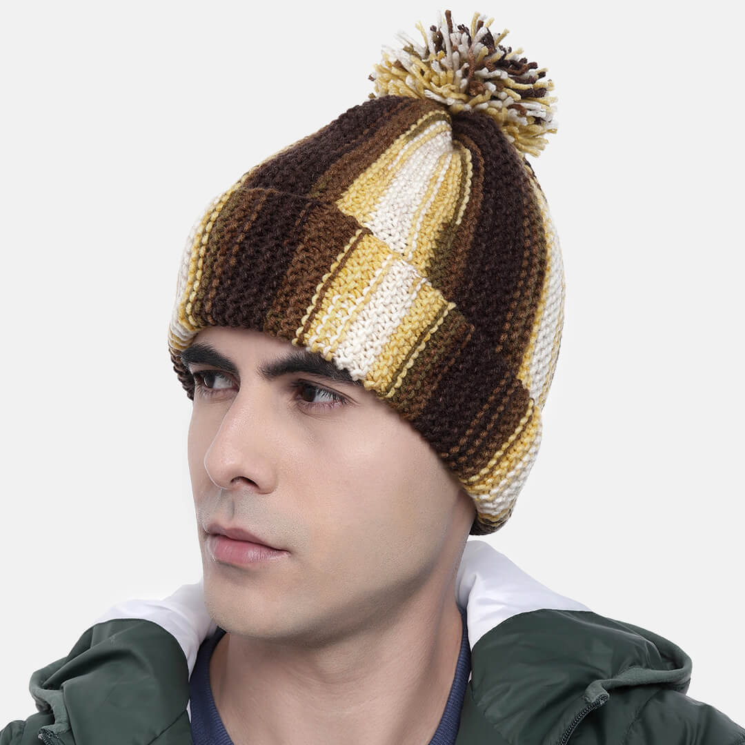 Vertical Striped Knitted Cap With Pompom - 10012