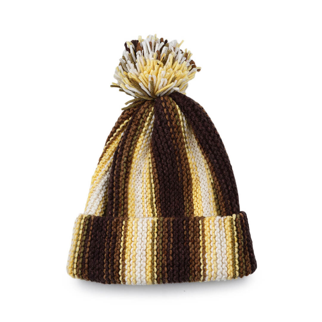 Vertical Striped Knitted Cap With Pompom - 10012