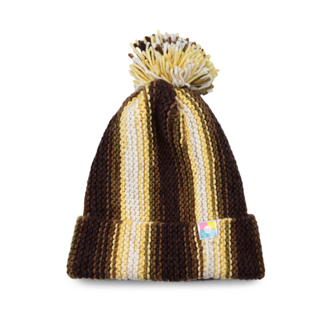 Vertical Striped Knitted Cap With Pompom - 10012