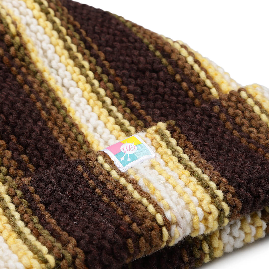 Vertical Striped Knitted Cap With Pompom - 10012