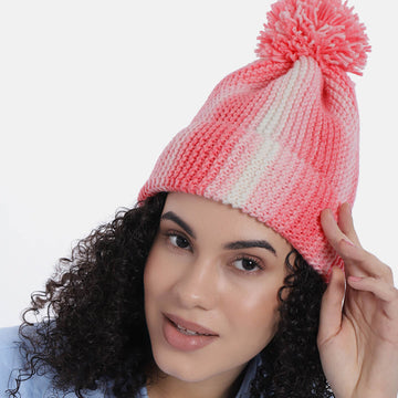 Vertical Striped Knitted Cap With Pompom - 10013