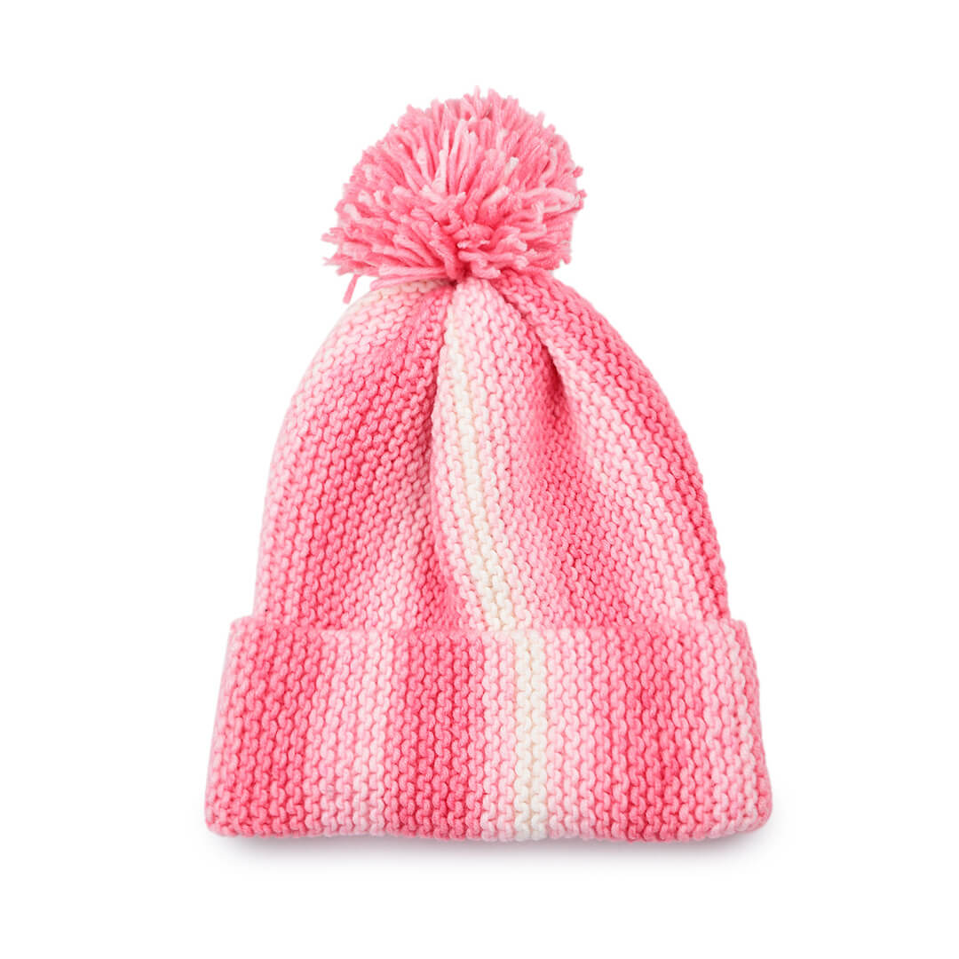 Vertical Striped Knitted Cap With Pompom - 10013
