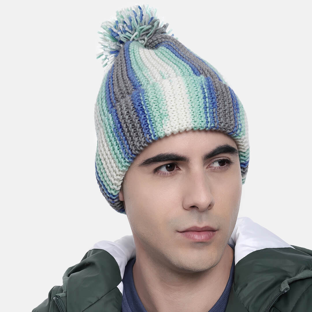 Vertical Striped Knitted Cap With Pompom - 10014