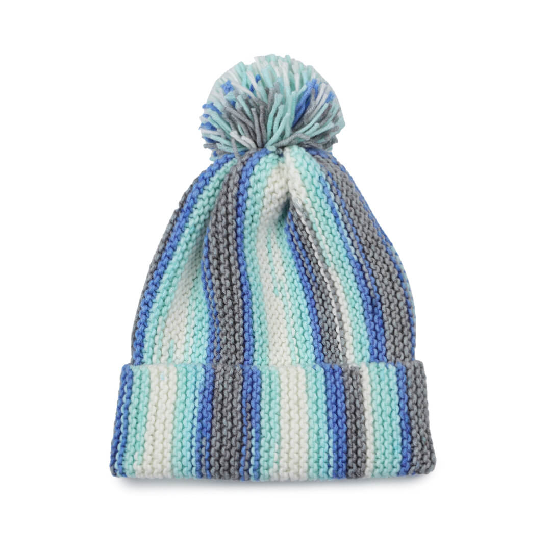 Vertical Striped Knitted Cap With Pompom - 10014