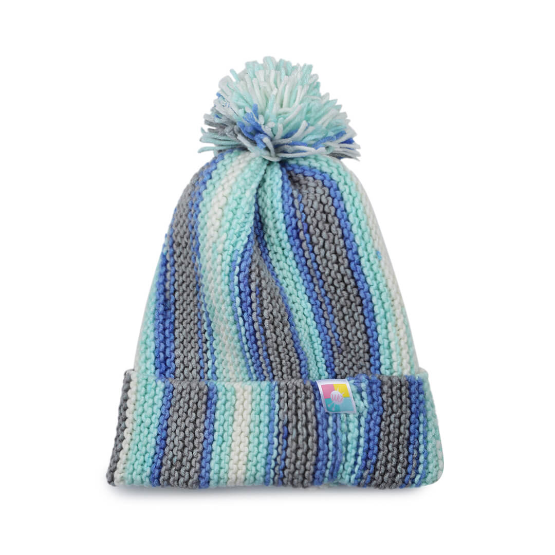 Vertical Striped Knitted Cap With Pompom - 10014