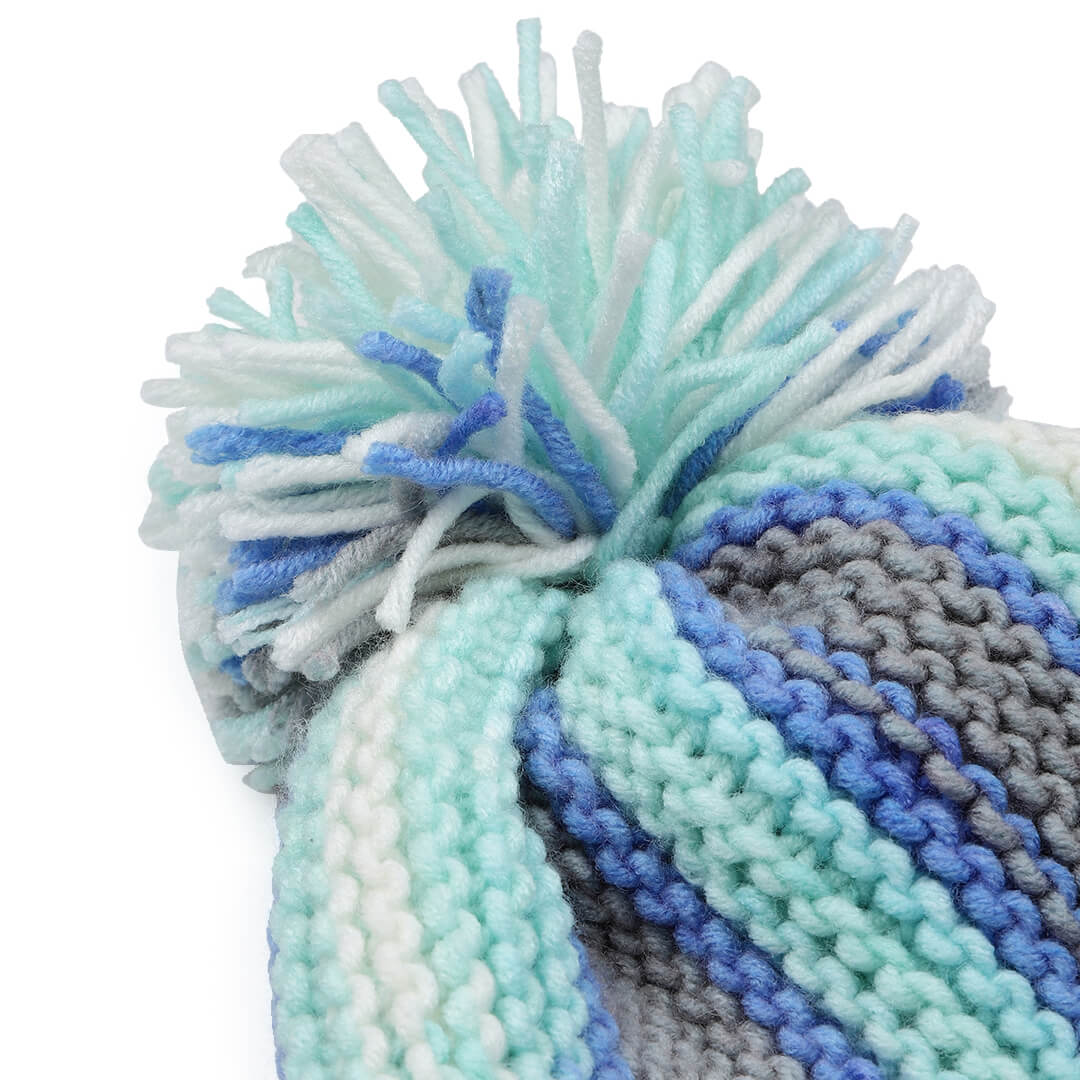 Vertical Striped Knitted Cap With Pompom - 10014