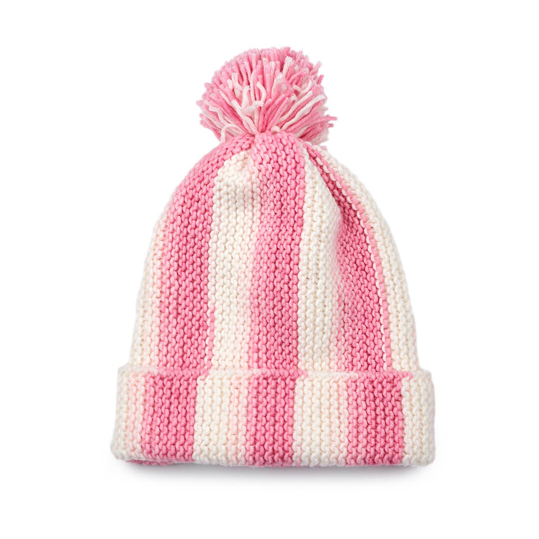 Vertical Striped Knitted Cap With Pompom - 10015