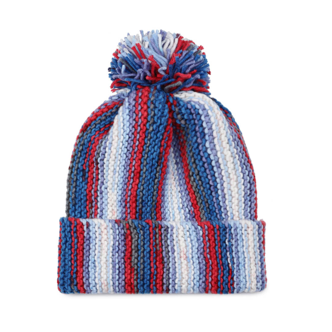 Vertical Striped Knitted Cap With Pompom - 10016