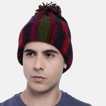 Vertical Striped Knitted Cap With Pompom - 10017