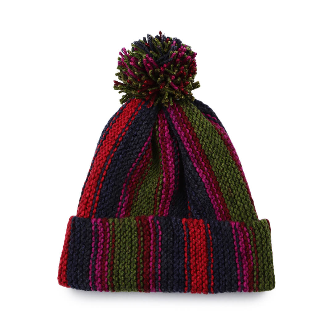 Vertical Striped Knitted Cap With Pompom - 10017