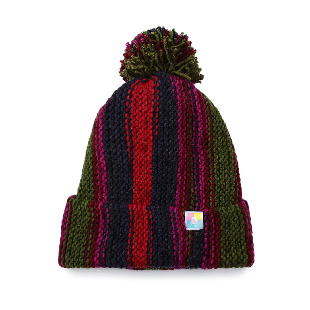 Vertical Striped Knitted Cap With Pompom - 10017
