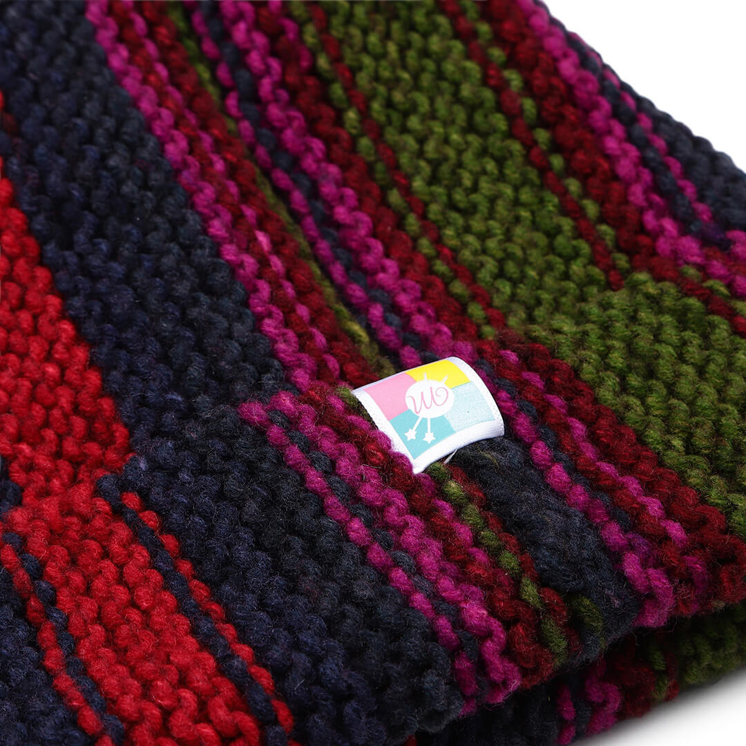 Vertical Striped Knitted Cap With Pompom - 10017