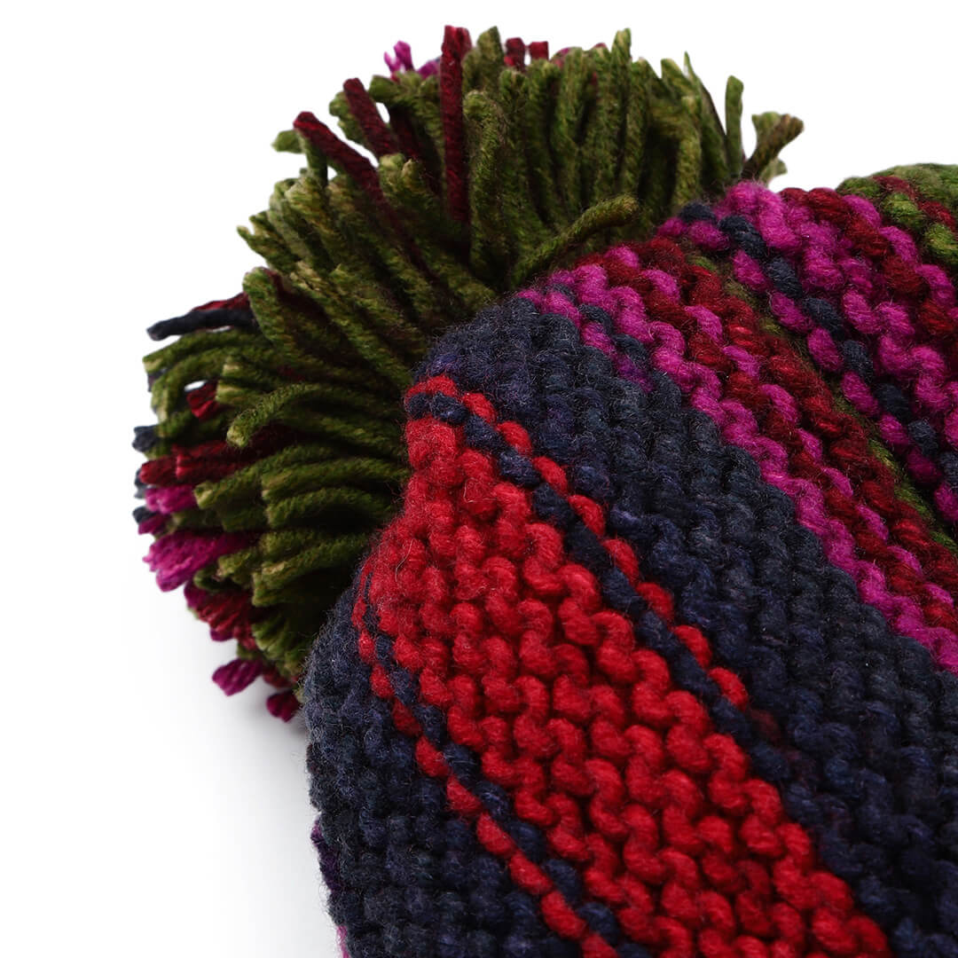 Vertical Striped Knitted Cap With Pompom - 10017