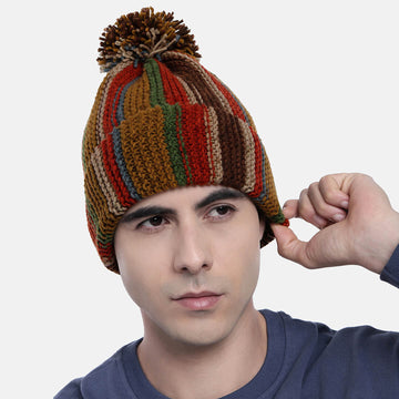 Vertical Striped Knitted Cap With Pompom - 10018