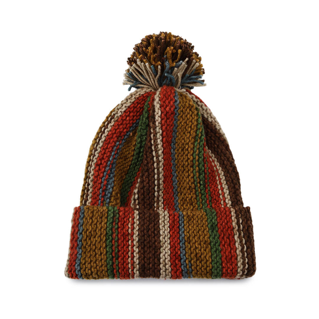 Vertical Striped Knitted Cap With Pompom - 10018