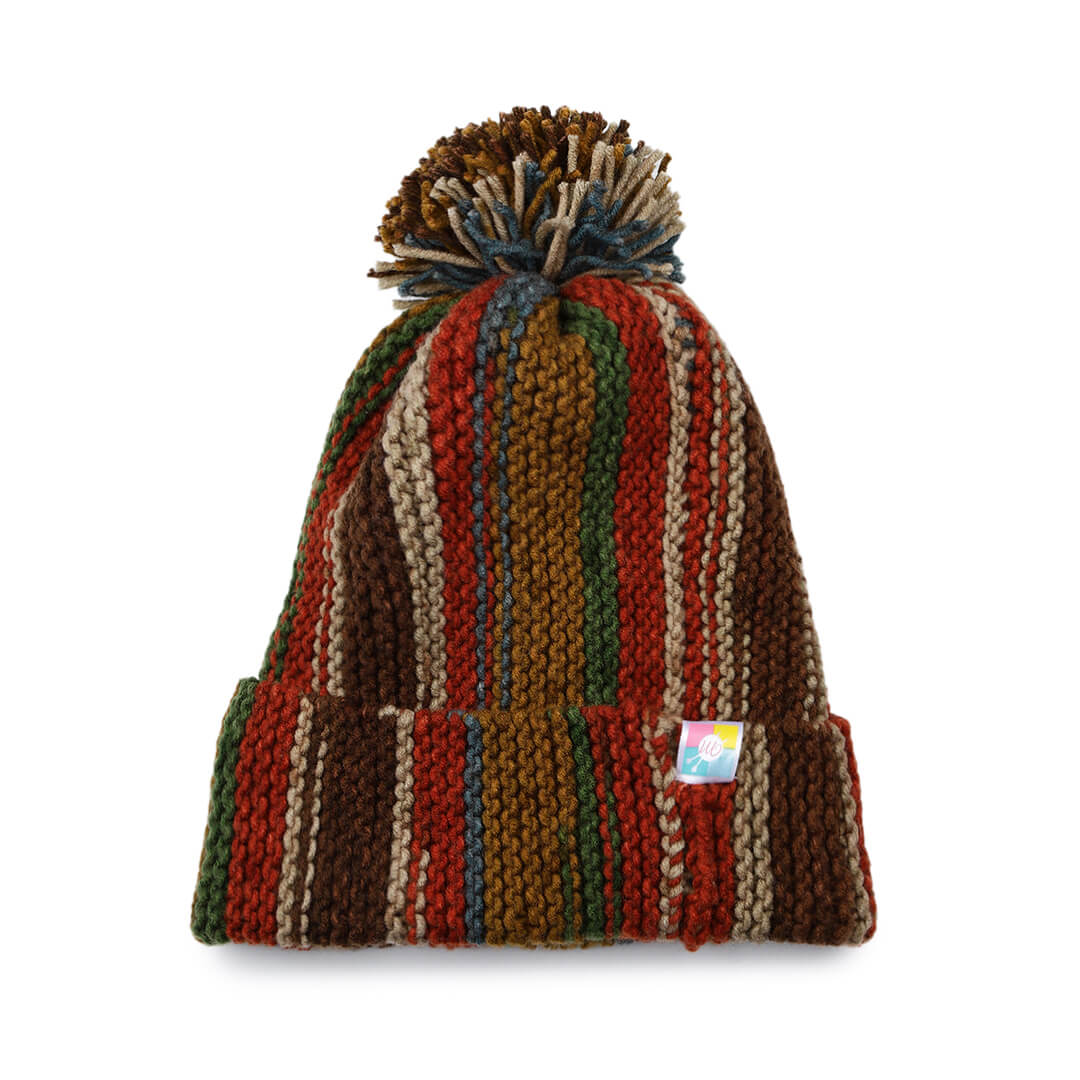 Vertical Striped Knitted Cap With Pompom - 10018