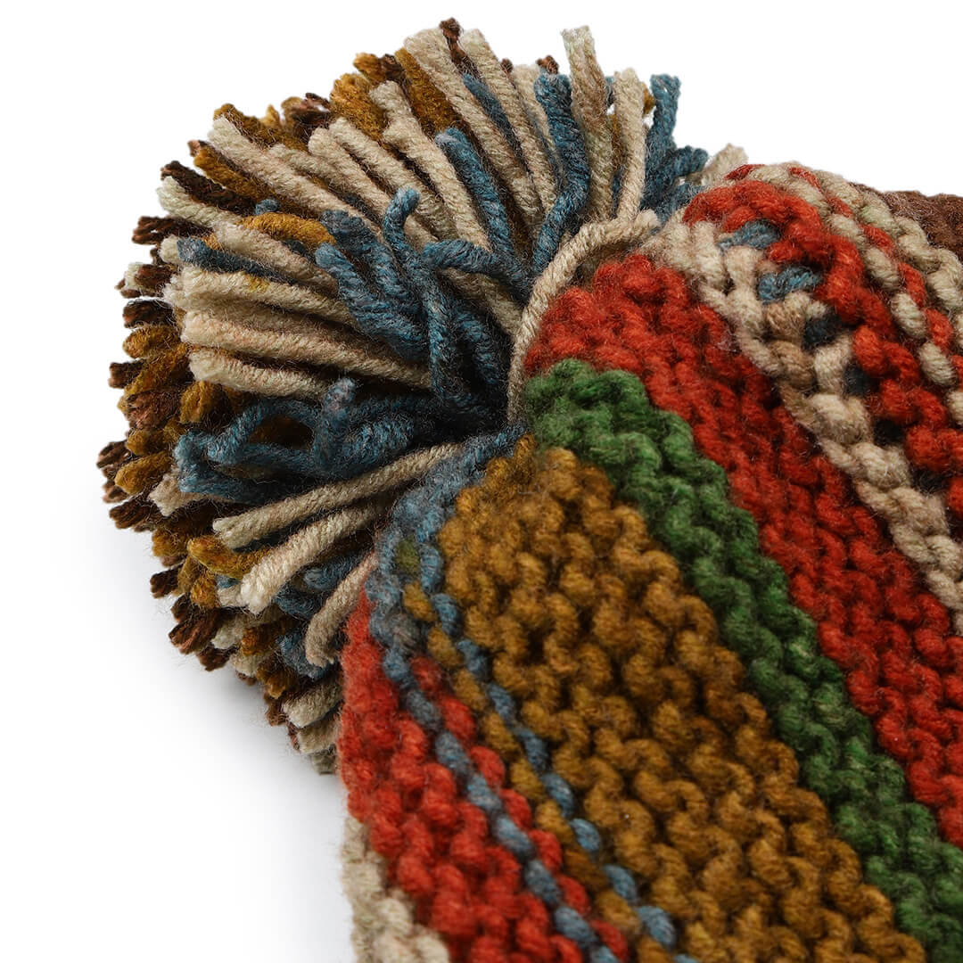 Vertical Striped Knitted Cap With Pompom - 10018