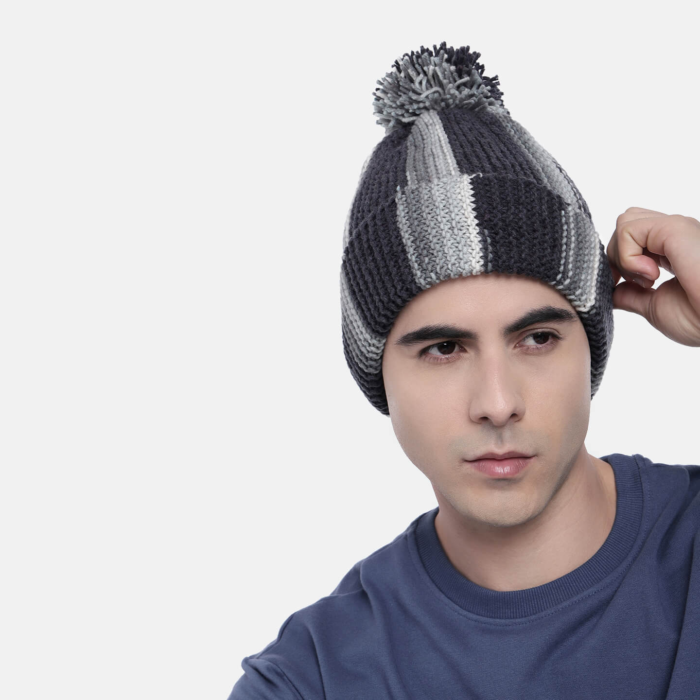 Vertical Striped Knitted Cap With Pompom - 10019