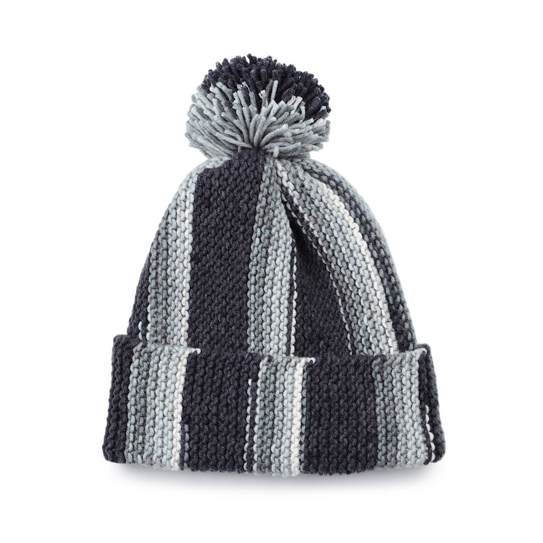 Vertical Striped Knitted Cap With Pompom - 10019