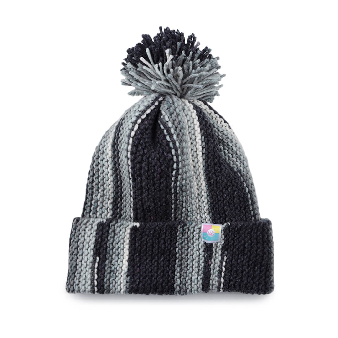 Vertical Striped Knitted Cap With Pompom - 10019