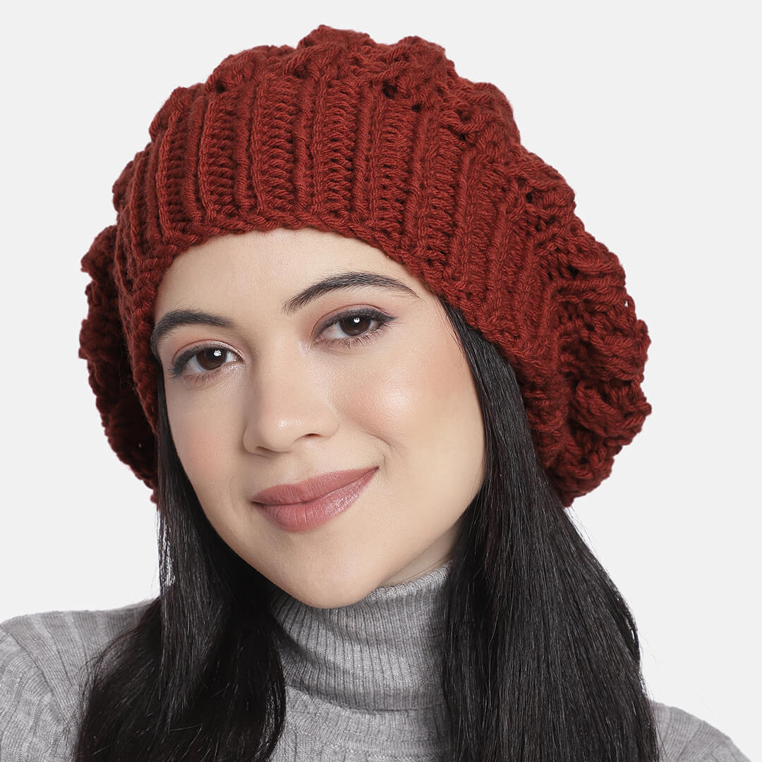 Brick Red Self-Design Beanie - 1002