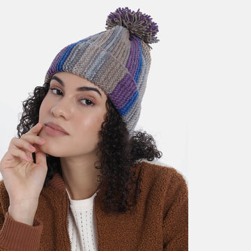 Vertical Striped Knitted Cap With Pompom - 10020