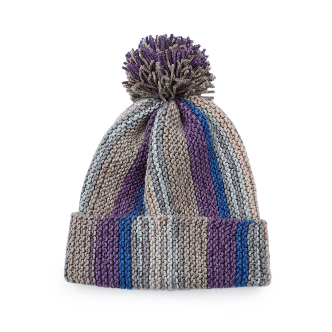 Vertical Striped Knitted Cap With Pompom - 10020