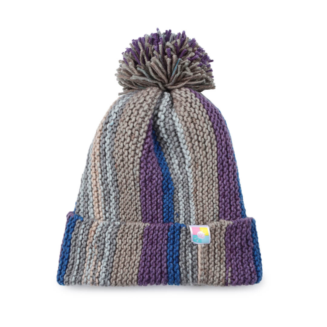 Vertical Striped Knitted Cap With Pompom - 10020