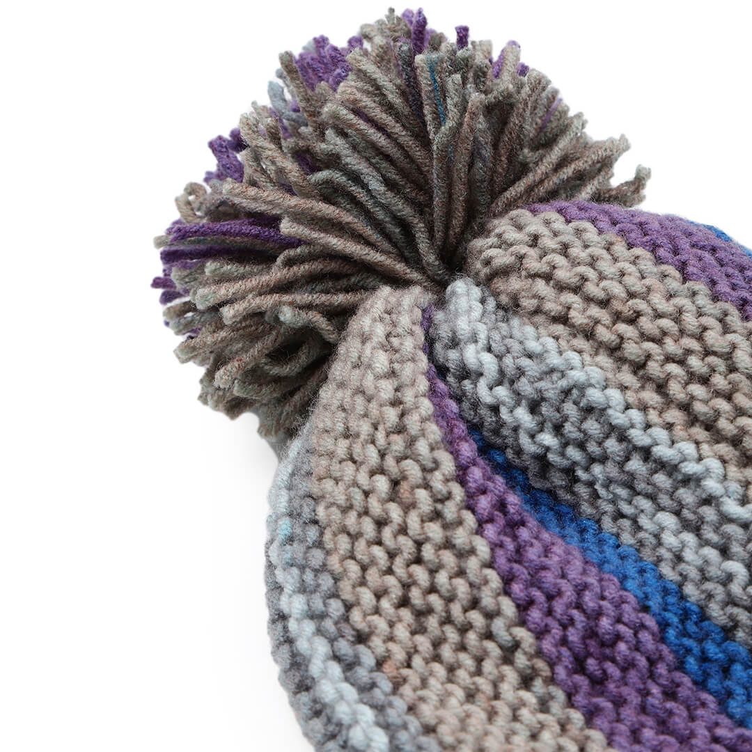Vertical Striped Knitted Cap With Pompom - 10020