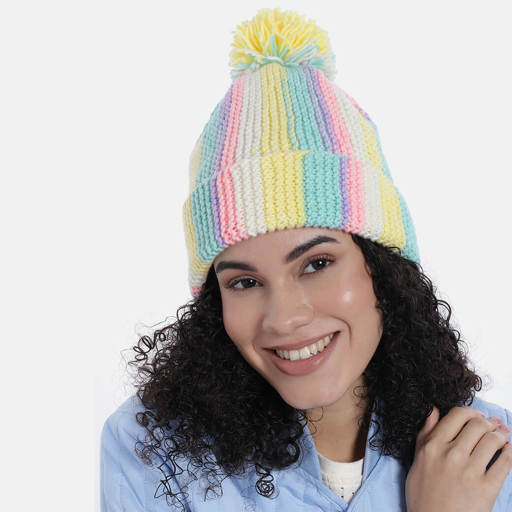 Vertical Striped Knitted Cap With Pompom - 10021