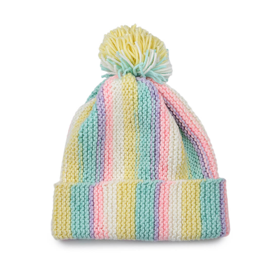 Vertical Striped Knitted Cap With Pompom - 10021