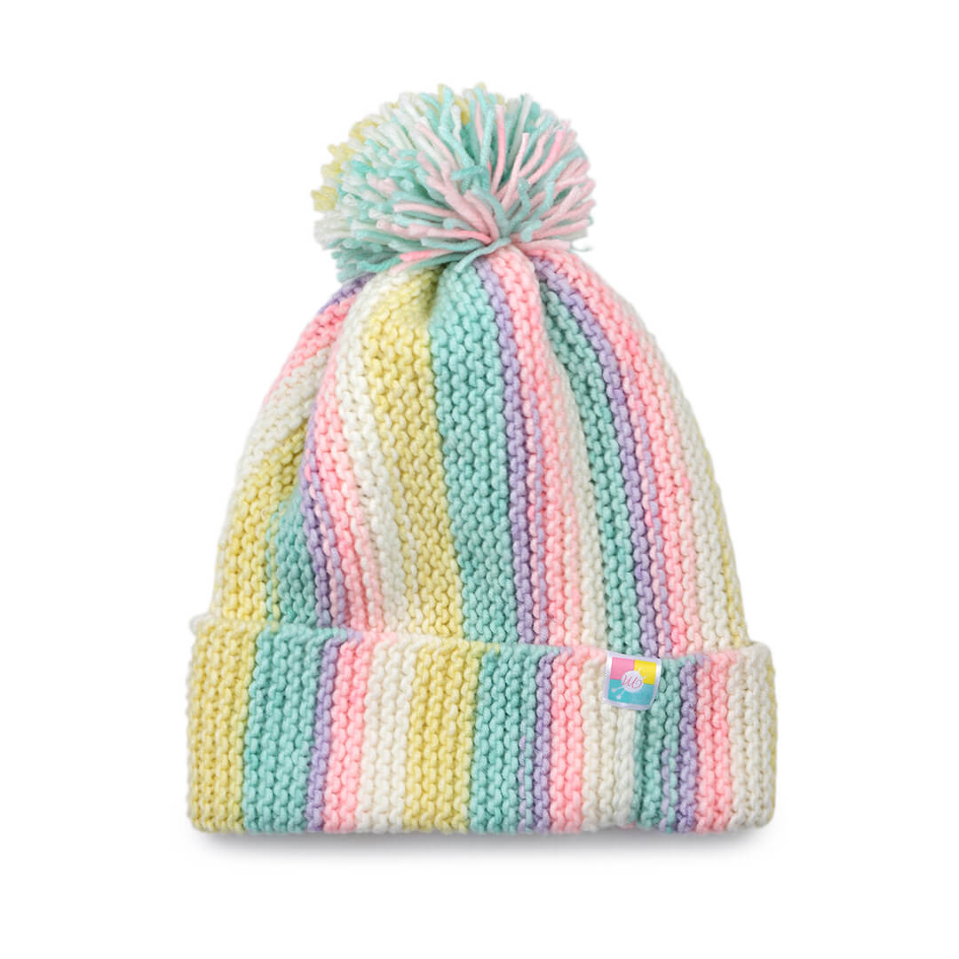 Vertical Striped Knitted Cap With Pompom - 10021