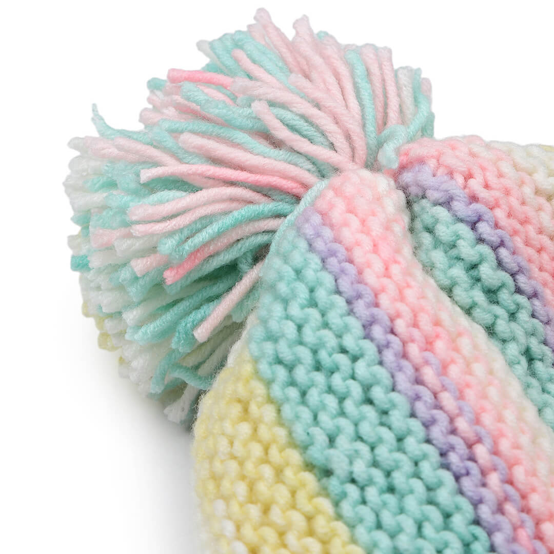 Vertical Striped Knitted Cap With Pompom - 10021