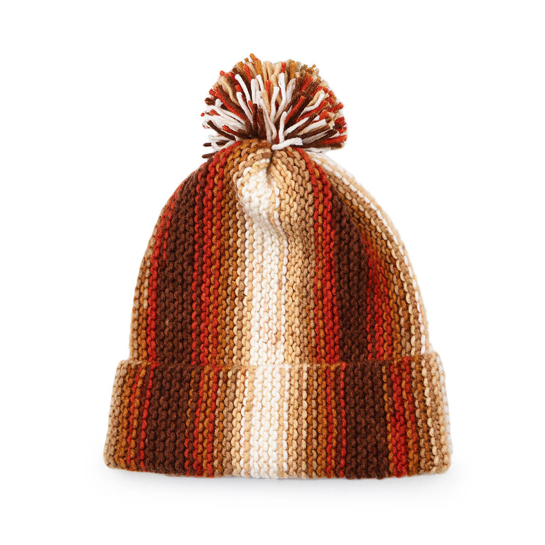 Vertical Striped Knitted Cap With Pompom - 10022