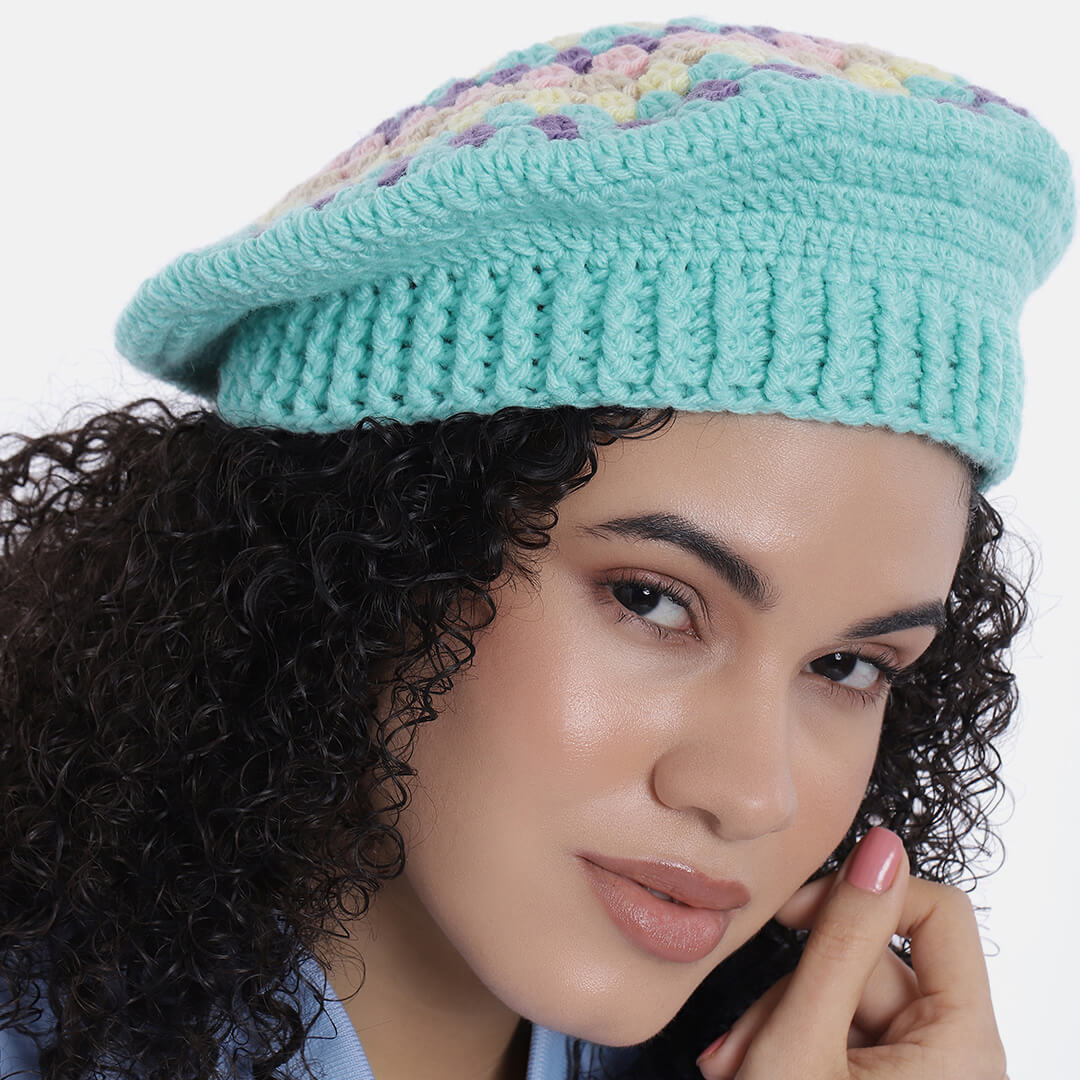 Women Handmade Multi Color Self Design Beret - 10035