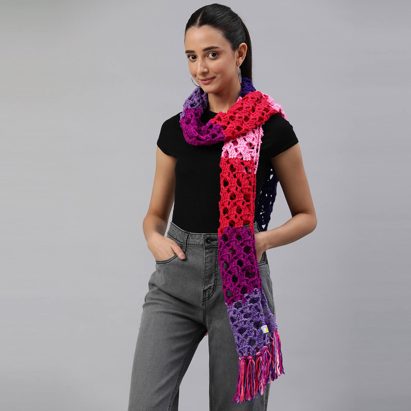 Pink and Purple Self Striping Scarf with tassles - 10047
