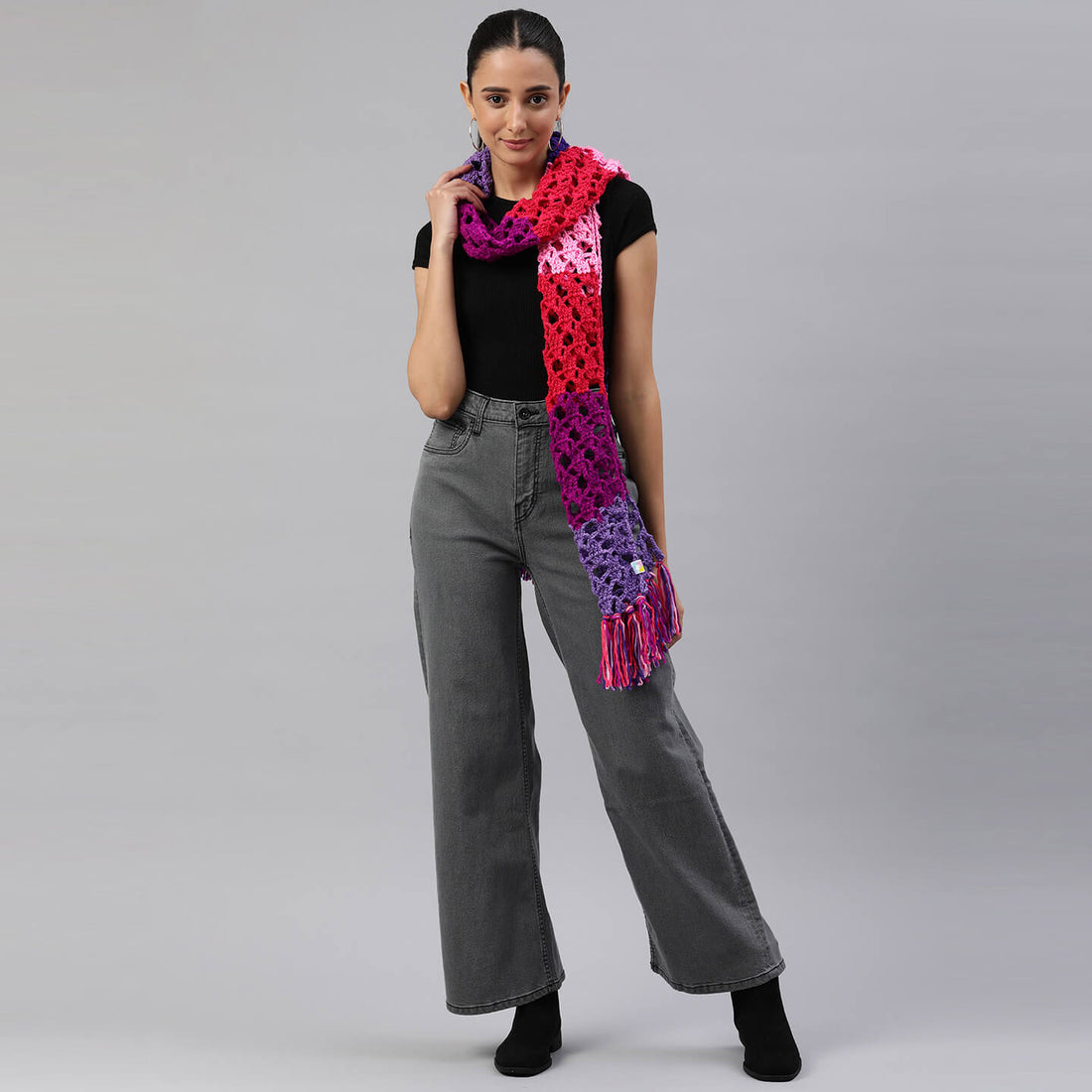 Pink and Purple Self Striping Scarf with tassles - 10047