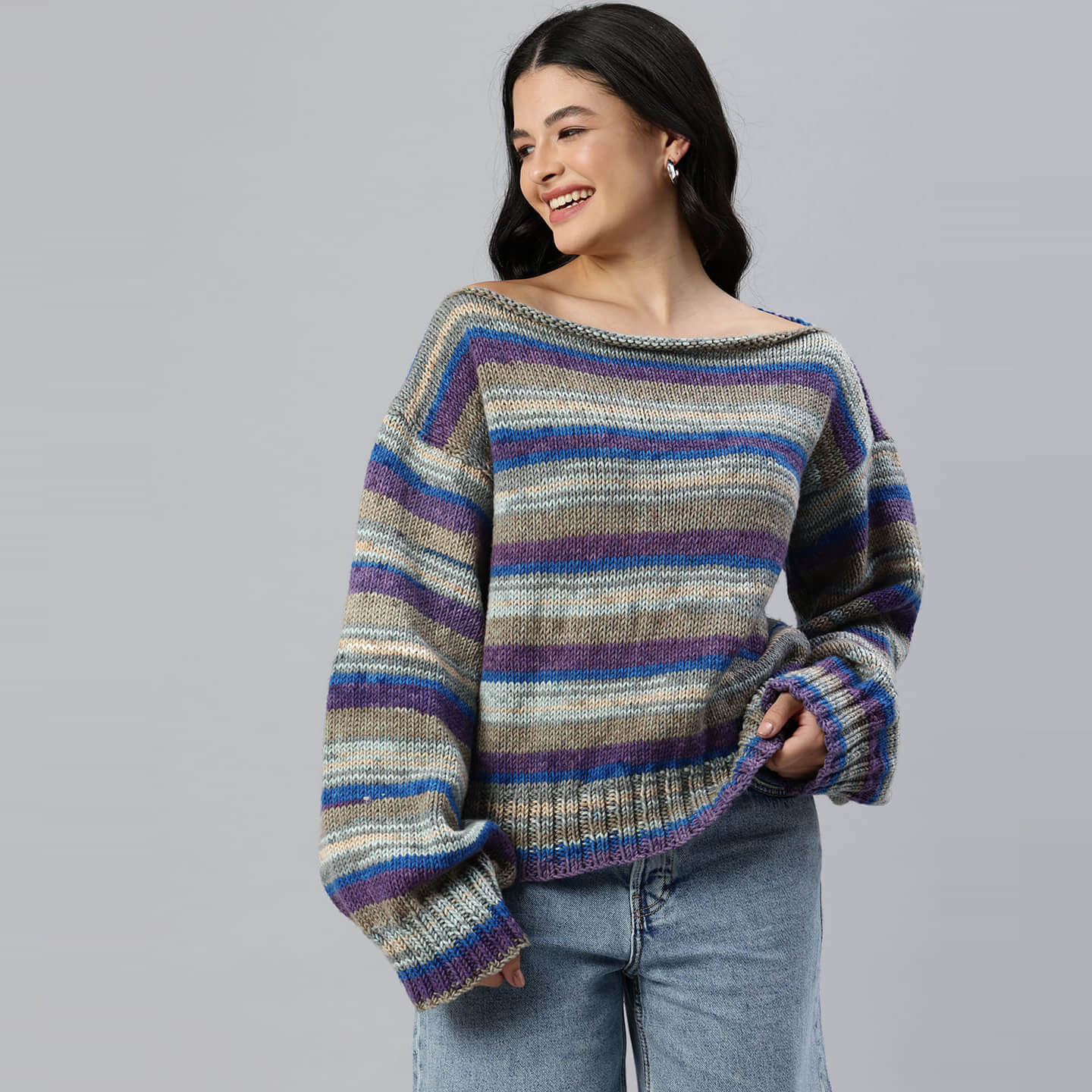 Grey and Purple Knitted Self Striping Pullover - 10051