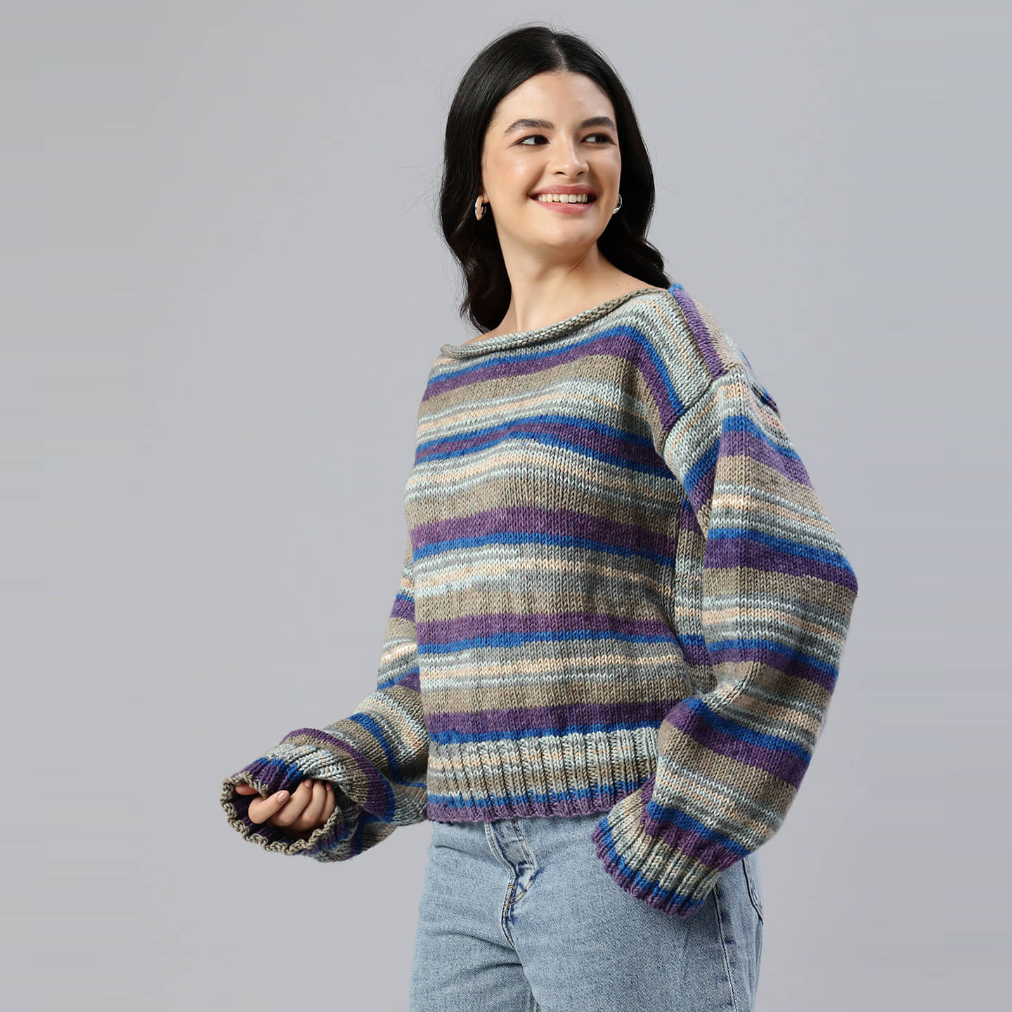 Grey and Purple Knitted Self Striping Pullover - 10051