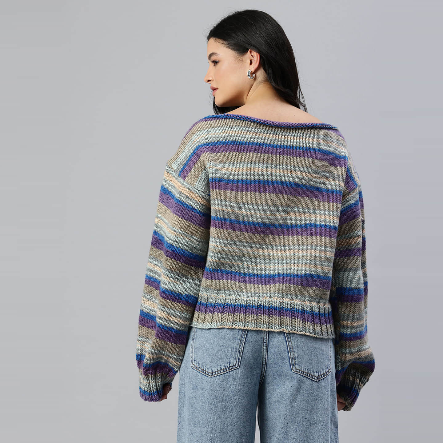 Grey and Purple Knitted Self Striping Pullover - 10051