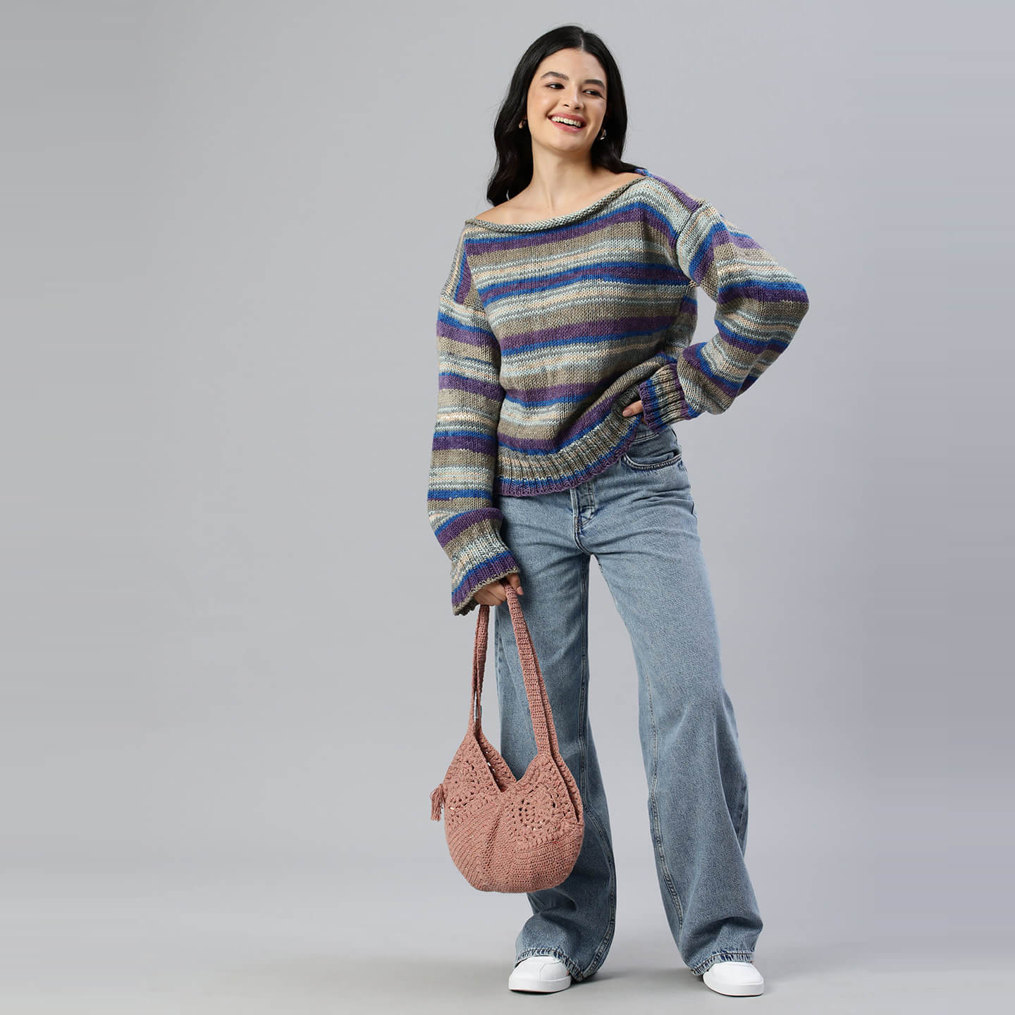 Grey and Purple Knitted Self Striping Pullover - 10051