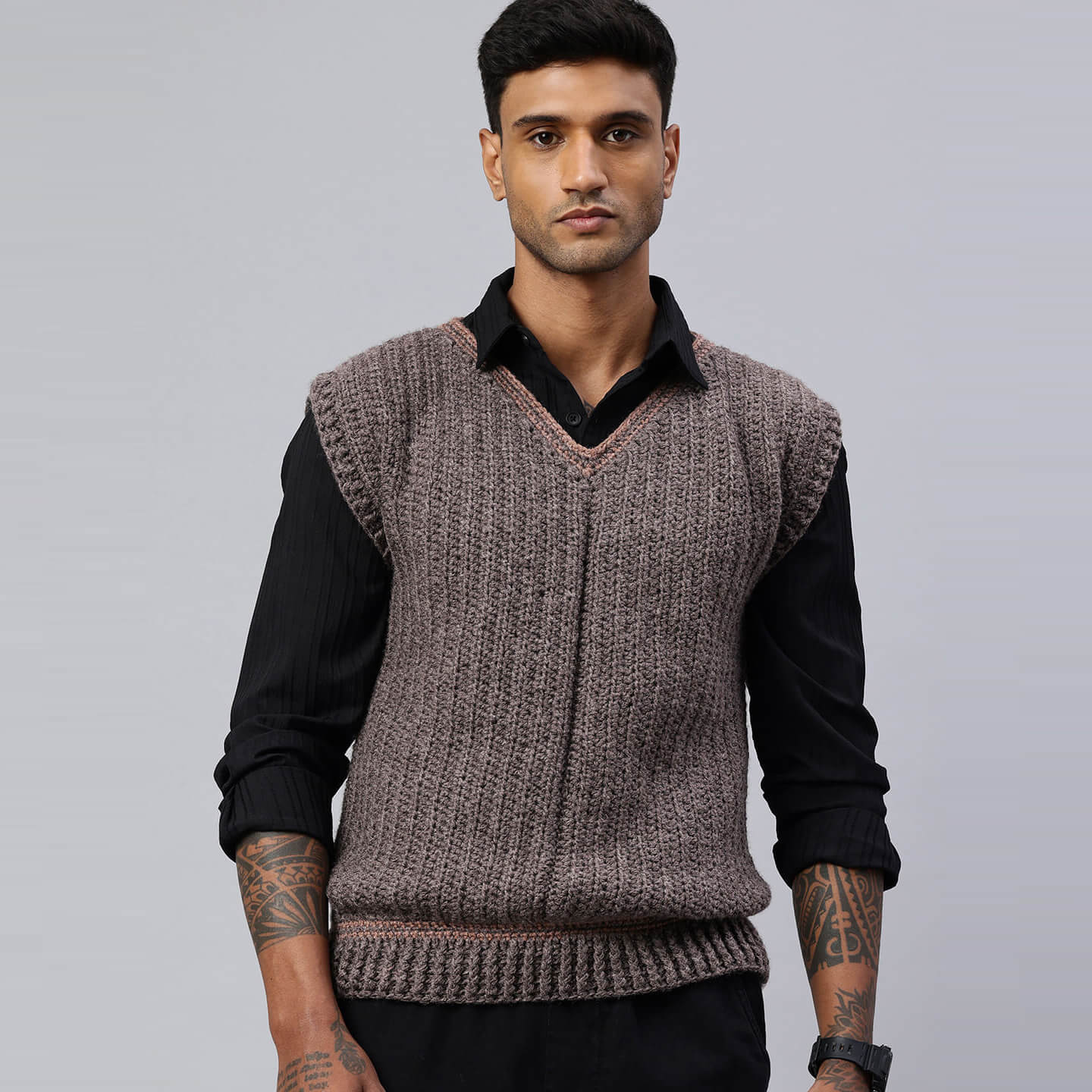 Handmade Sleeveless Mens Pullover - Brown - 10053