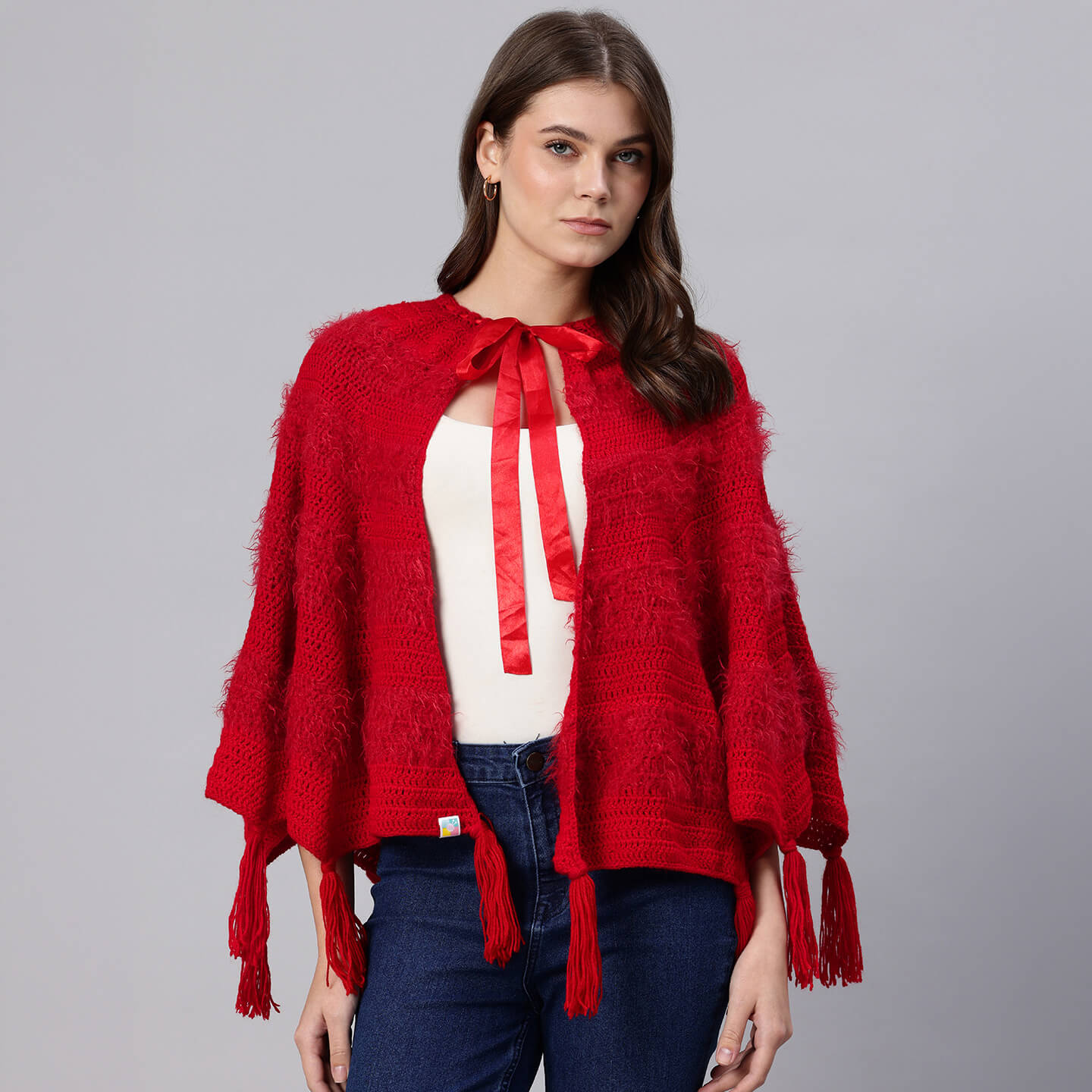 Red Fur Fan Shawl with Tassles - 10054