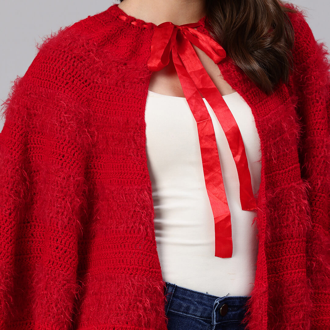Red Fur Fan Shawl with Tassles - 10054