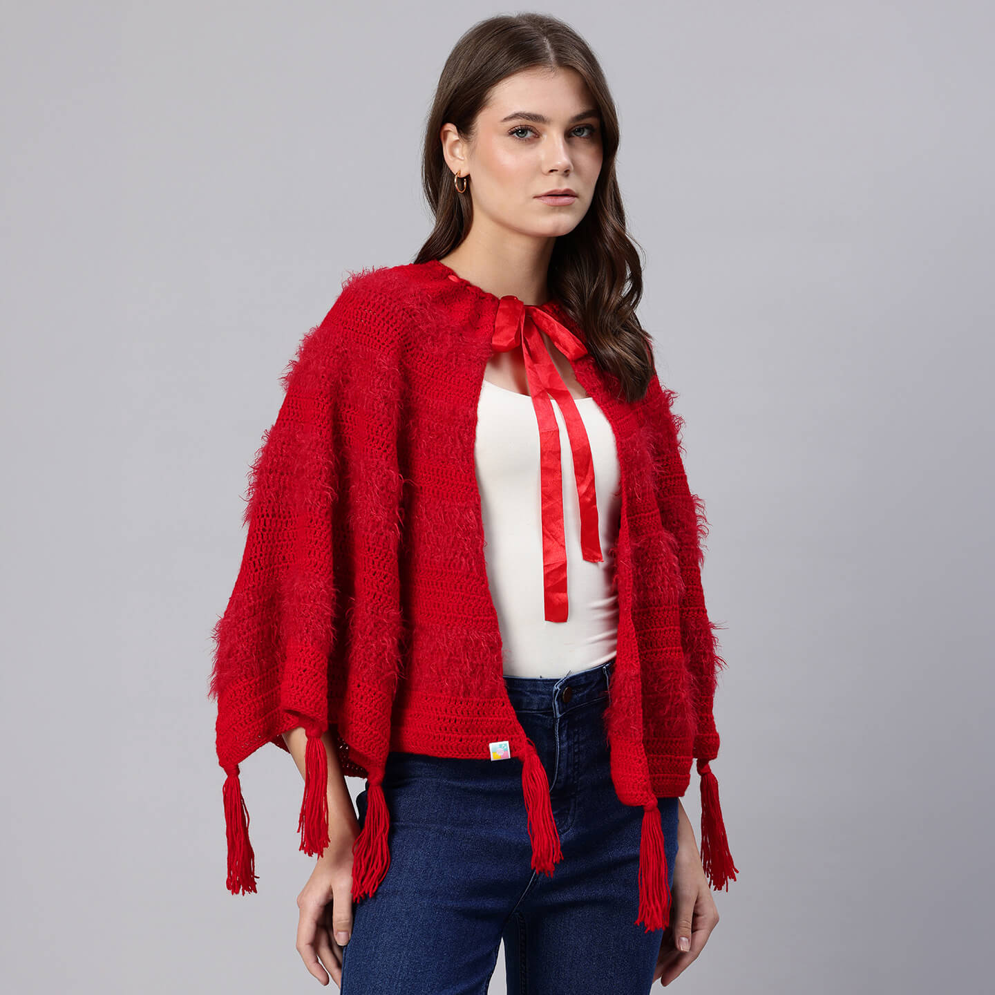 Red Fur Fan Shawl with Tassles - 10054