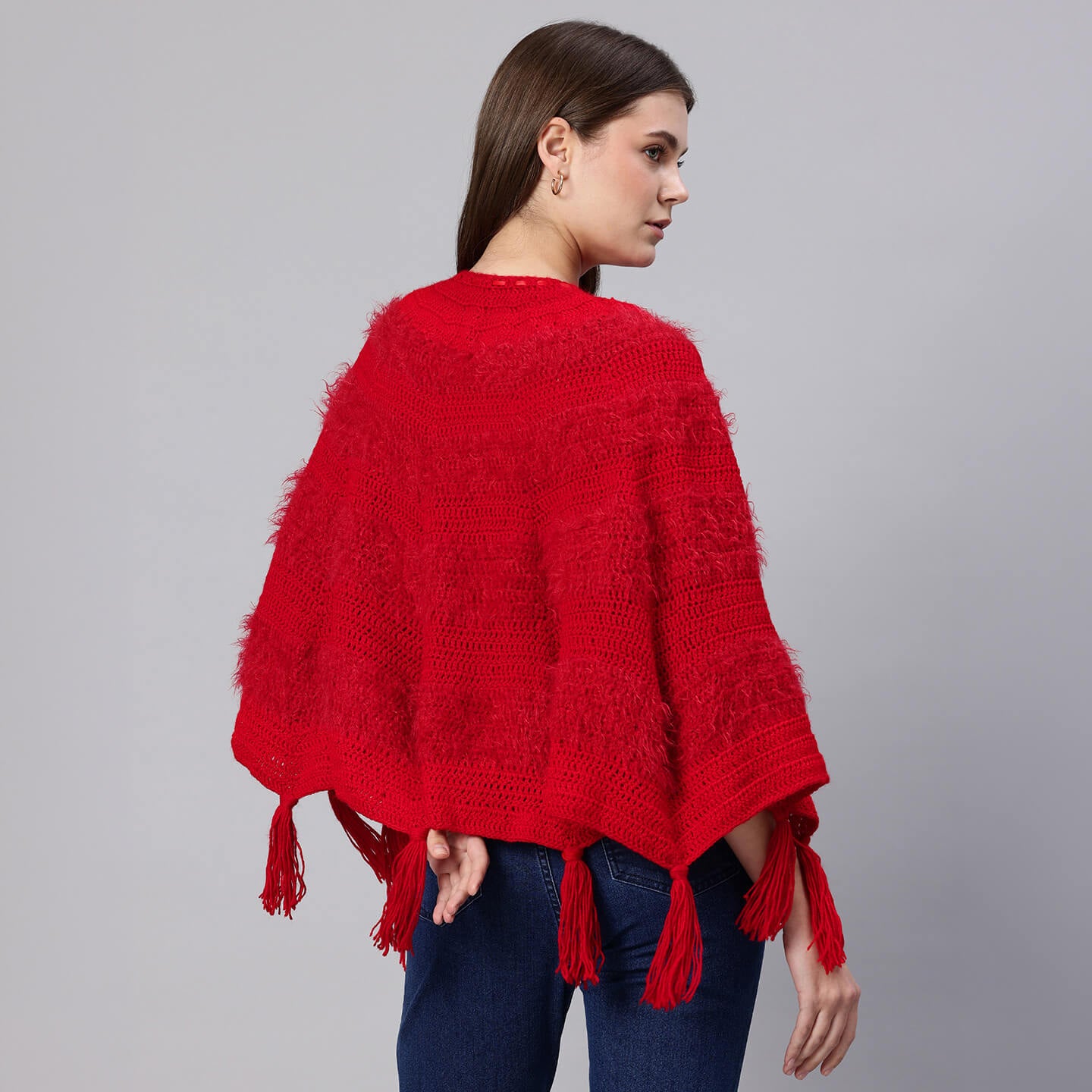Red Fur Fan Shawl with Tassles - 10054