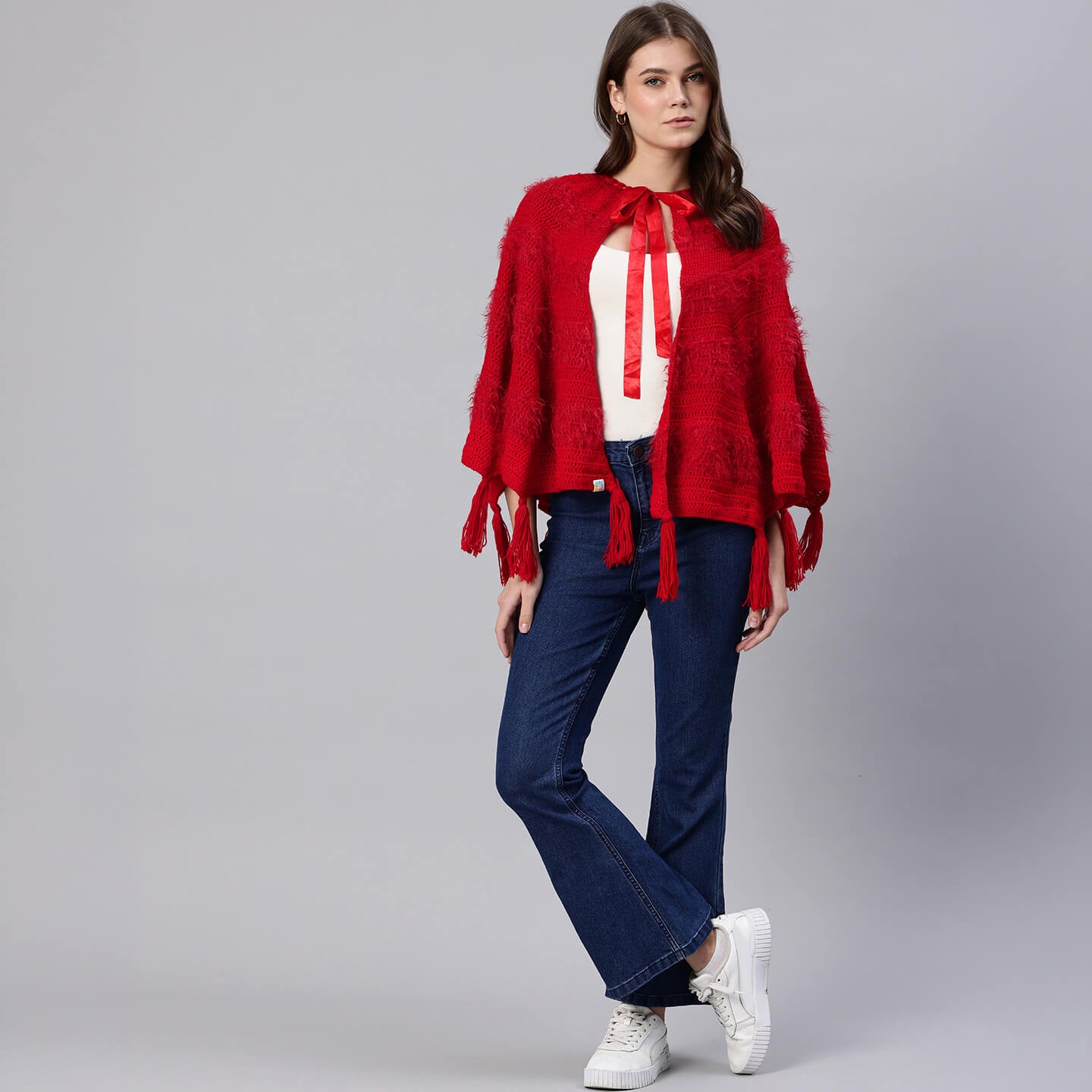 Red Fur Fan Shawl with Tassles - 10054