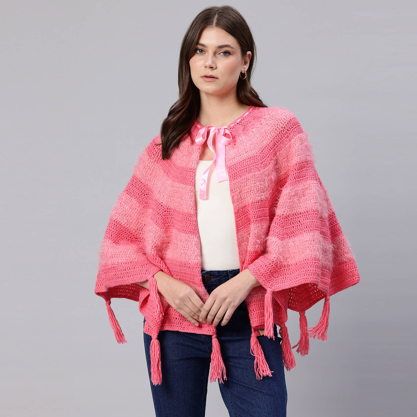 Pink Fur Fan Shawl with Tassles - 10055