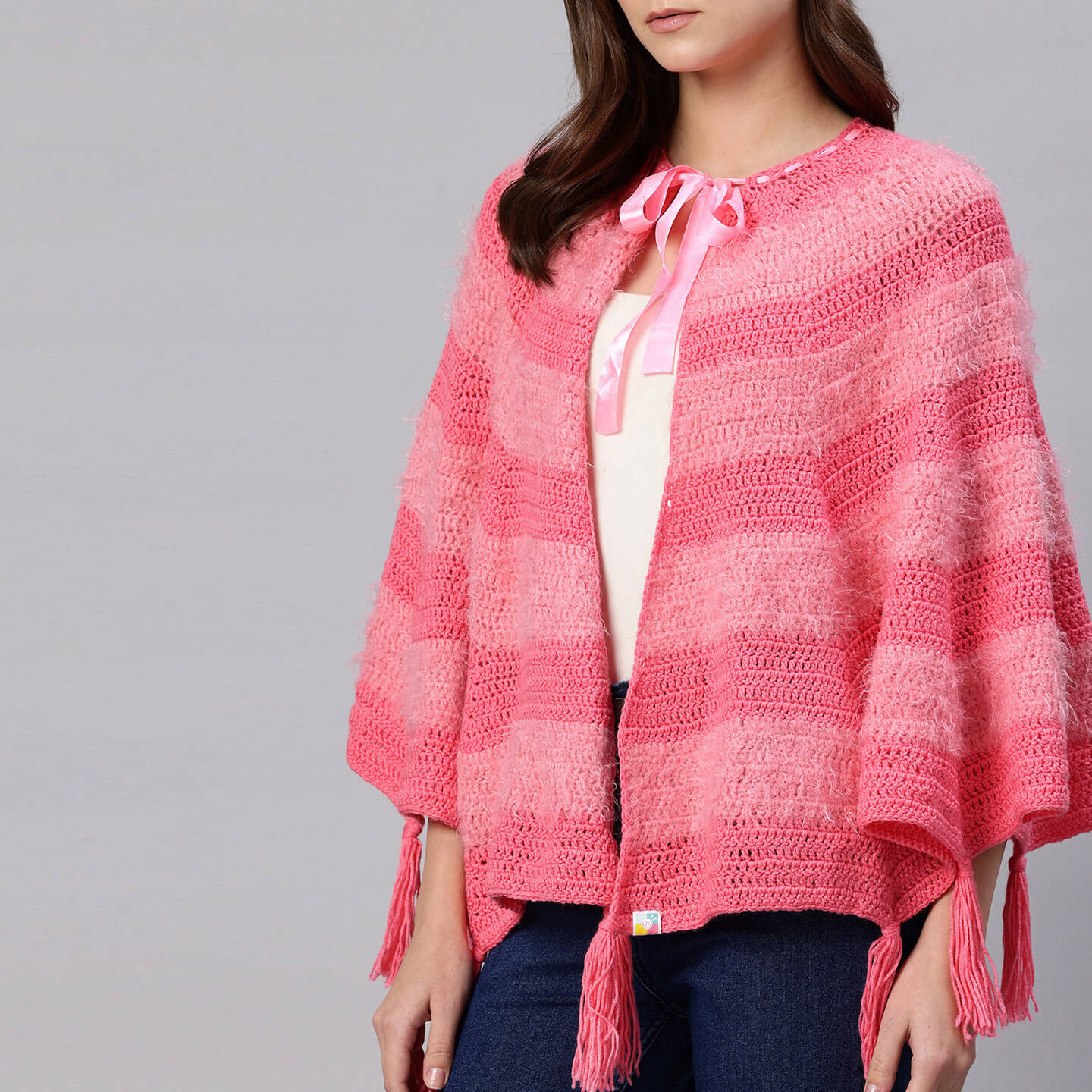 Pink Fur Fan Shawl with Tassles - 10055